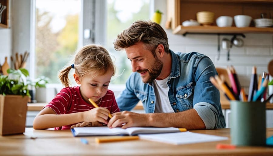 Parent and child going through homework together at the kitchen table